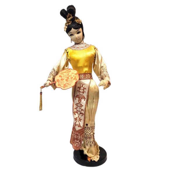 Vintage Chinese Doll Marked Taiwan 15" Silk Hanfu with Paper Fan - Picture 2 of 10